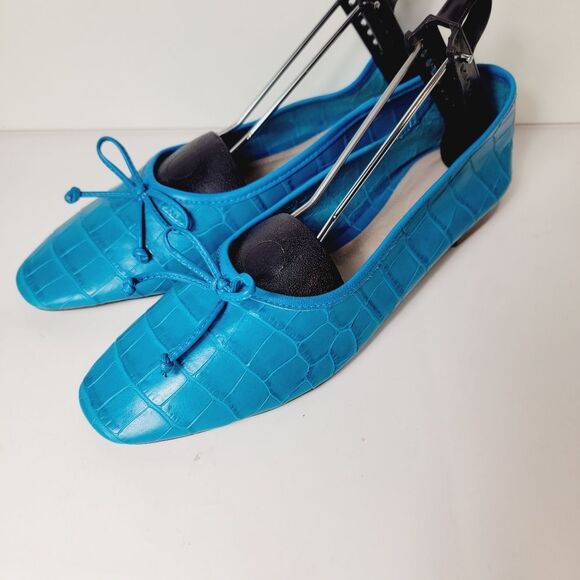 Schutz Ariara Cerulean Blue Croc Embossed Square Toe Bow Ballet Flats Size 10 - Picture 1 of 10
